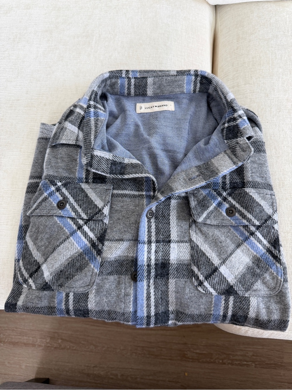Lucky Brand Gray and Blue Plaid Flannel Shirt Jacket